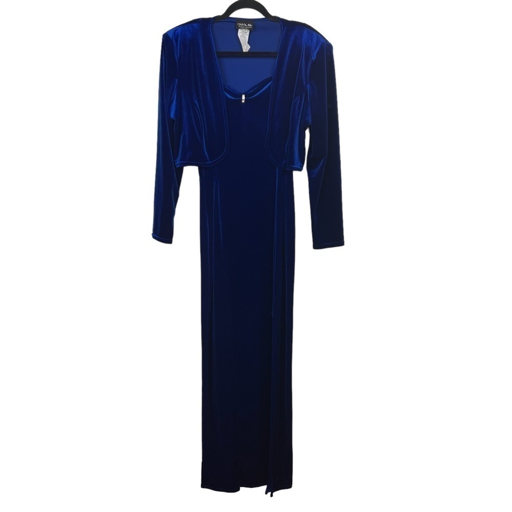 Onyx Nite Wendye Chaitin Blue Velvet Evening Dress and Cardigan Jacket Size 12